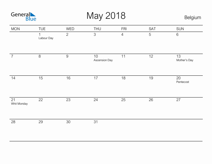 Printable May 2018 Calendar for Belgium