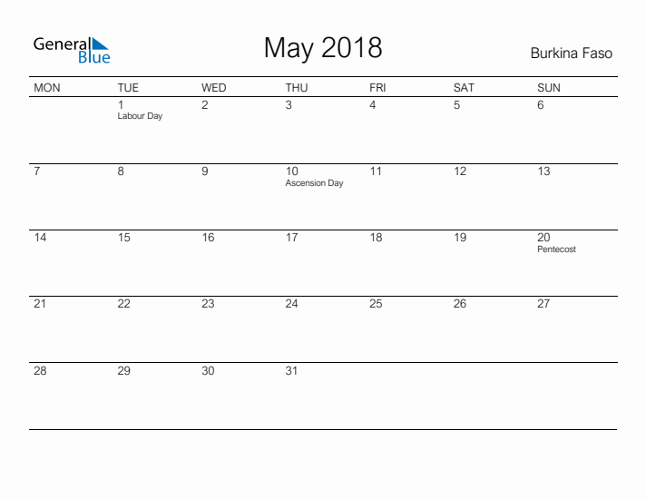 Printable May 2018 Calendar for Burkina Faso