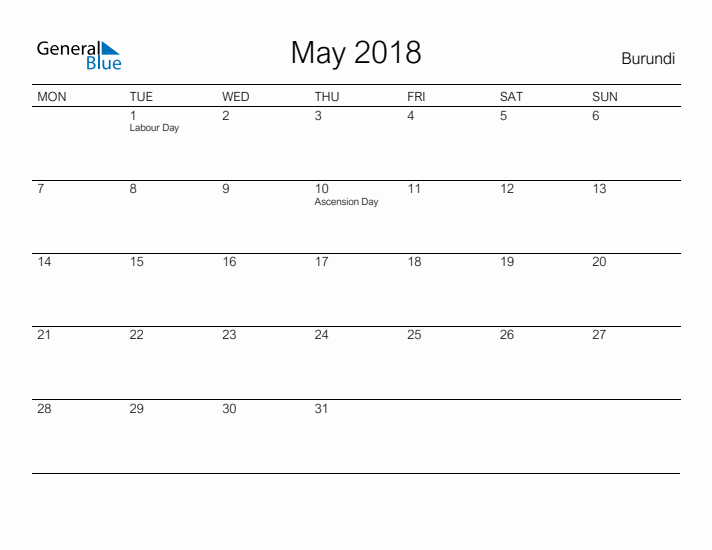 Printable May 2018 Calendar for Burundi
