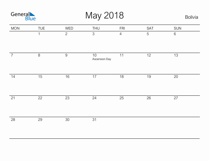 Printable May 2018 Calendar for Bolivia