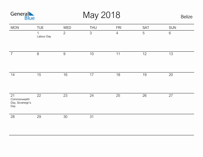 Printable May 2018 Calendar for Belize
