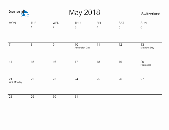 Printable May 2018 Calendar for Switzerland