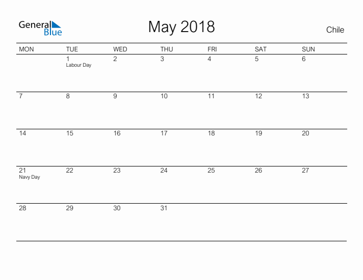 Printable May 2018 Calendar for Chile