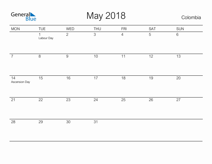 Printable May 2018 Calendar for Colombia
