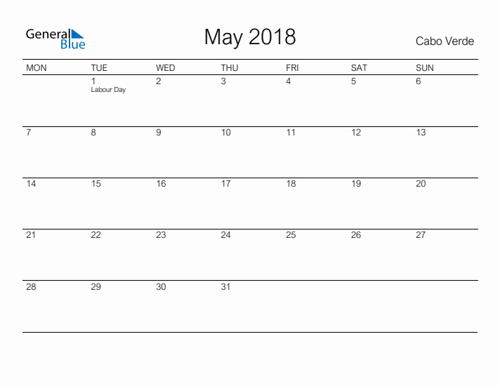 Printable May 2018 Calendar for Cabo Verde