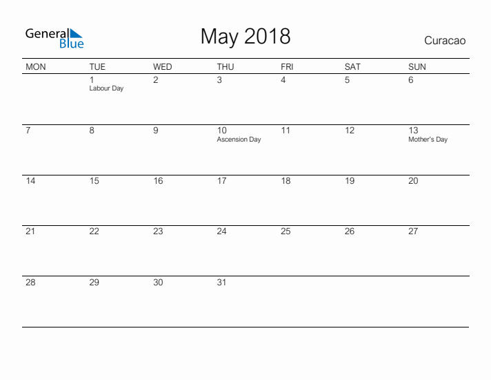 Printable May 2018 Calendar for Curacao