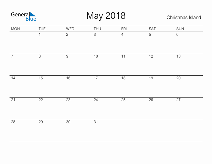 Printable May 2018 Calendar for Christmas Island