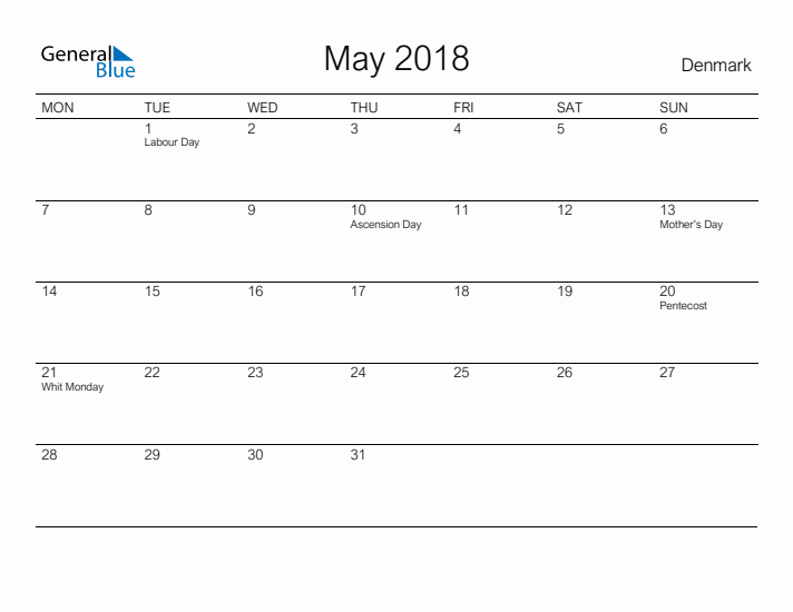 Printable May 2018 Calendar for Denmark