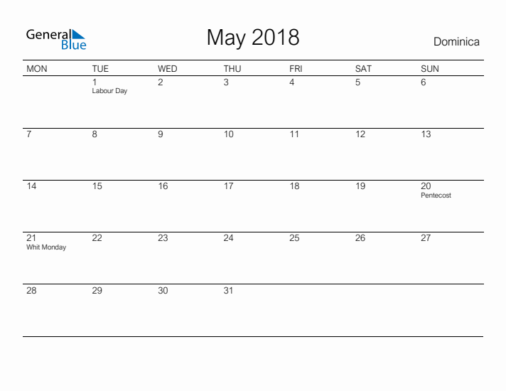 Printable May 2018 Calendar for Dominica
