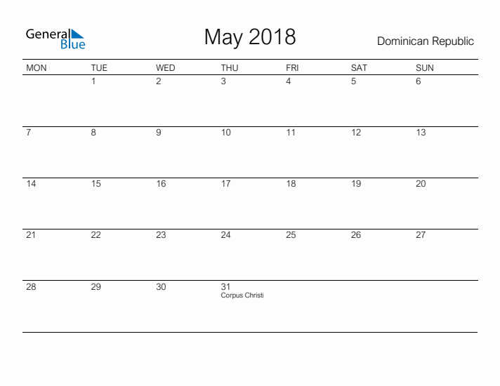 Printable May 2018 Calendar for Dominican Republic