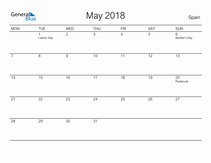 Printable May 2018 Calendar for Spain