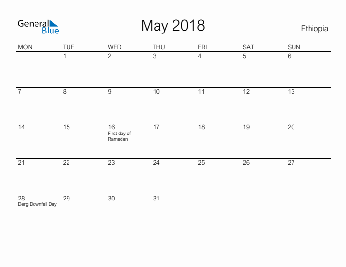 Printable May 2018 Calendar for Ethiopia