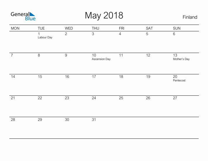 Printable May 2018 Calendar for Finland