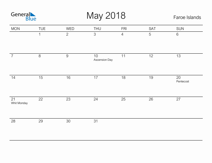 Printable May 2018 Calendar for Faroe Islands
