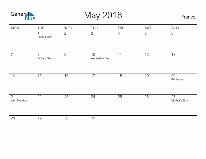 Printable May 2018 Calendar for France