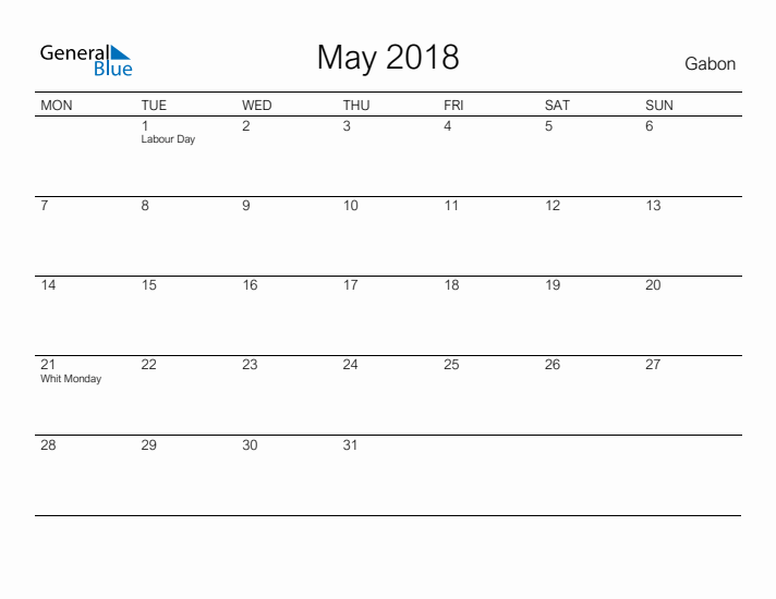 Printable May 2018 Calendar for Gabon