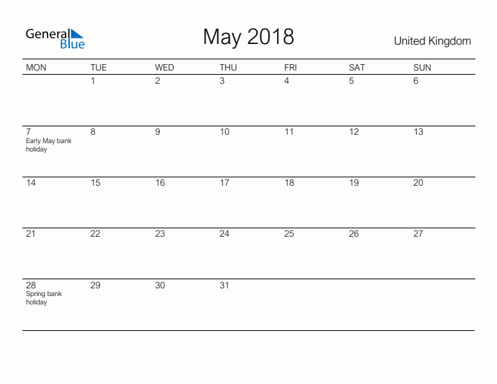 Printable May 2018 Calendar for United Kingdom