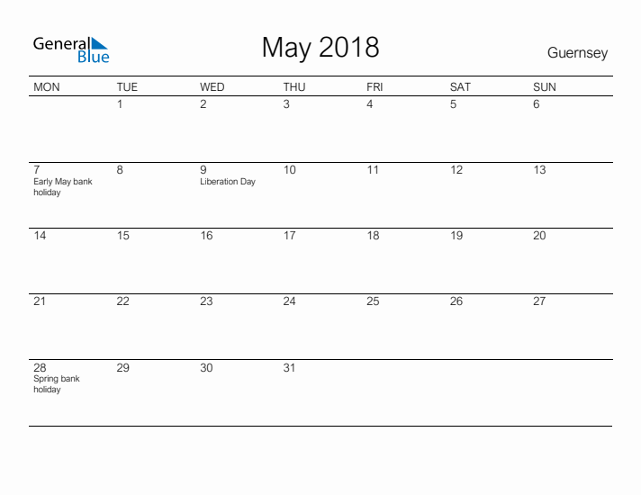 Printable May 2018 Calendar for Guernsey
