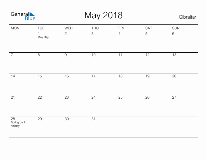 Printable May 2018 Calendar for Gibraltar
