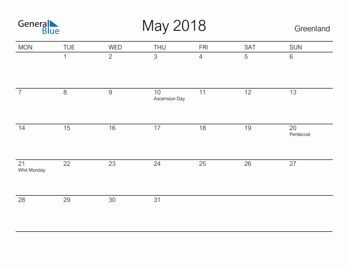 Printable May 2018 Calendar for Greenland