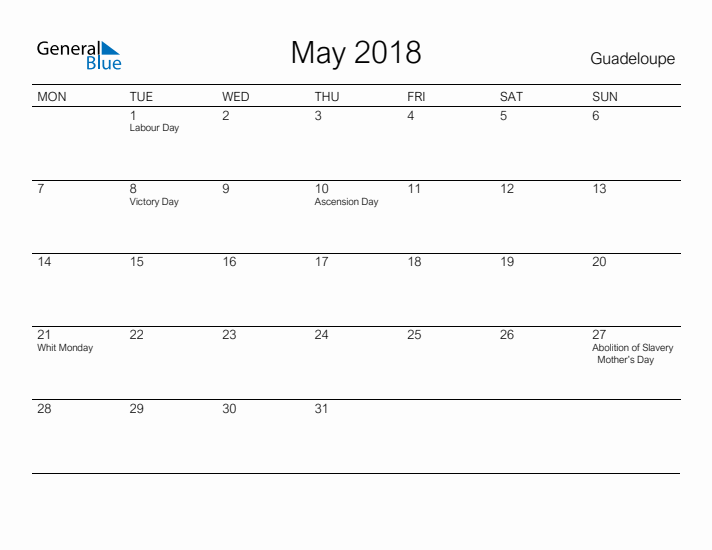 Printable May 2018 Calendar for Guadeloupe