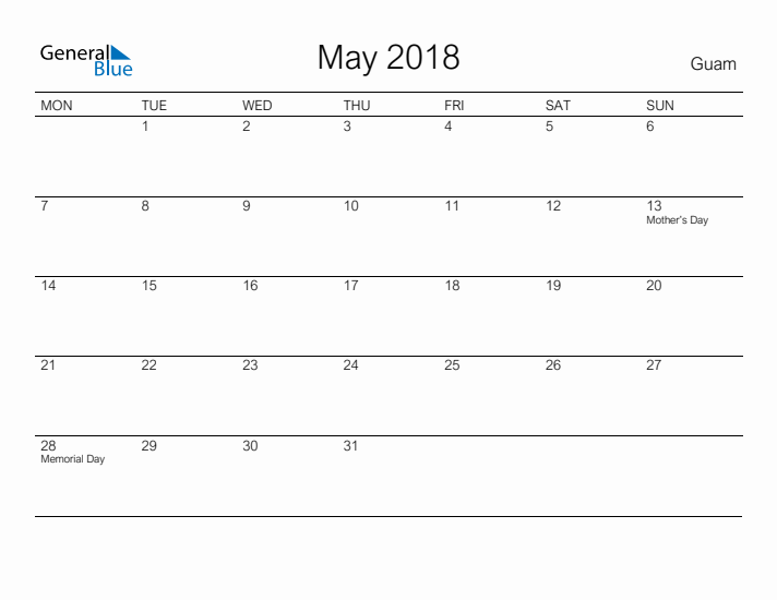 Printable May 2018 Calendar for Guam
