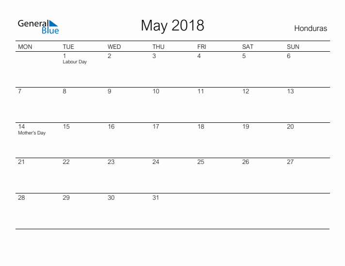 Printable May 2018 Calendar for Honduras