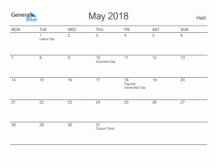 Printable May 2018 Calendar for Haiti