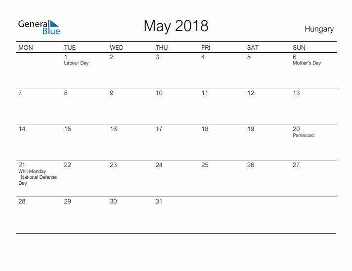 Printable May 2018 Calendar for Hungary