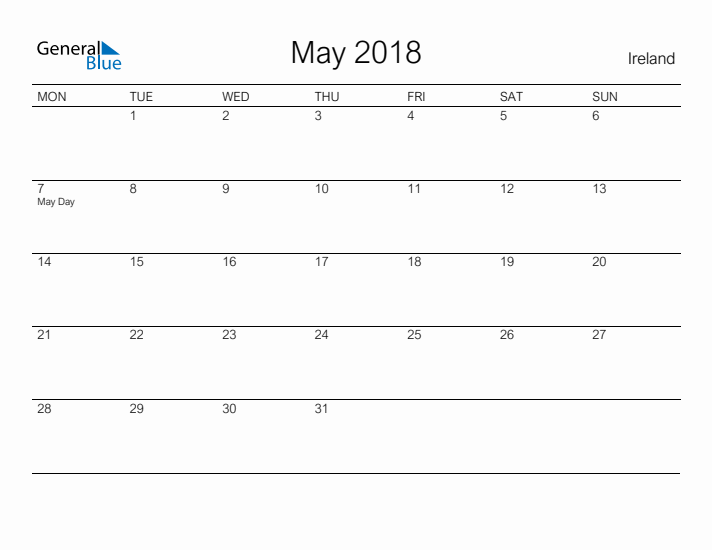 Printable May 2018 Calendar for Ireland