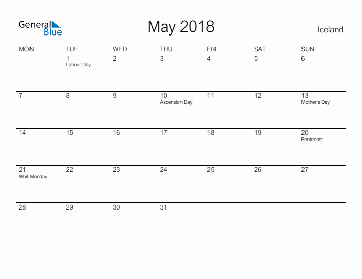 Printable May 2018 Calendar for Iceland