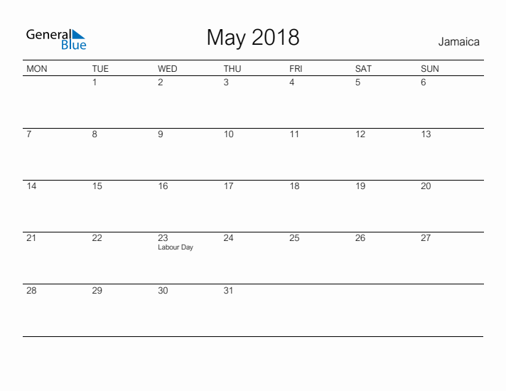 Printable May 2018 Calendar for Jamaica