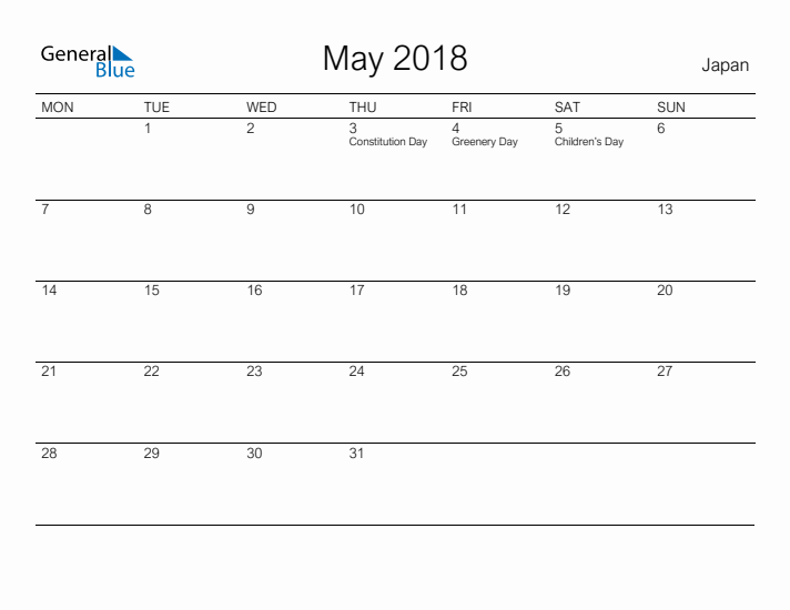Printable May 2018 Calendar for Japan