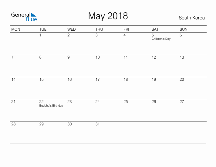 Printable May 2018 Calendar for South Korea