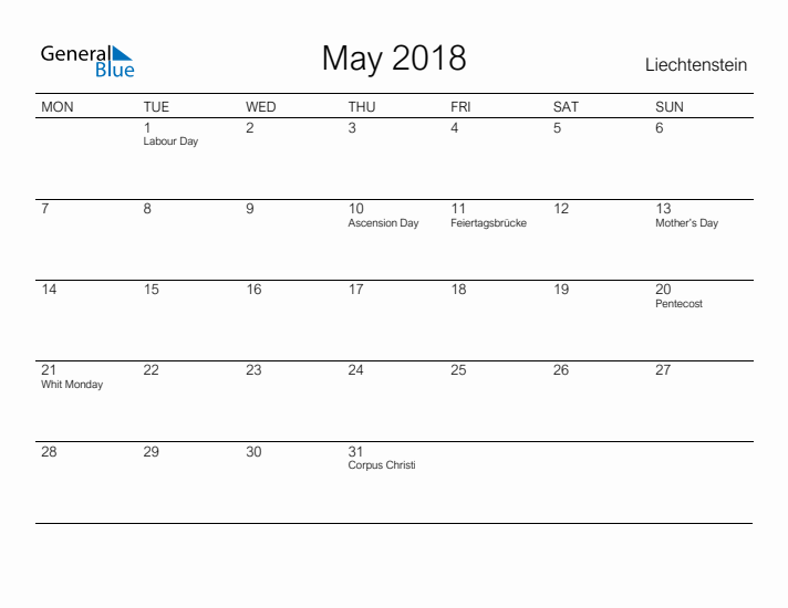 Printable May 2018 Calendar for Liechtenstein