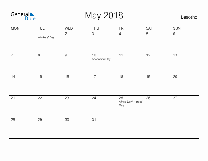 Printable May 2018 Calendar for Lesotho