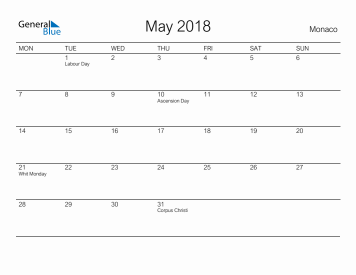 Printable May 2018 Calendar for Monaco