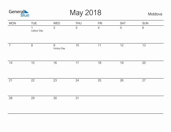 Printable May 2018 Calendar for Moldova