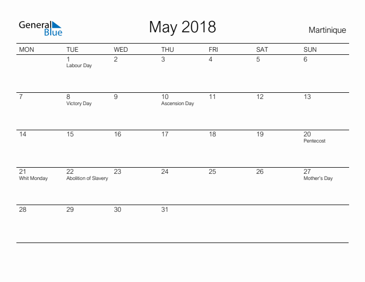 Printable May 2018 Calendar for Martinique