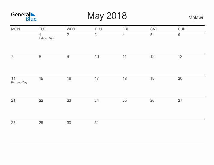 Printable May 2018 Calendar for Malawi