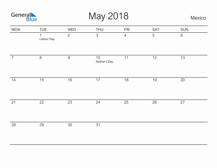 Printable May 2018 Calendar for Mexico