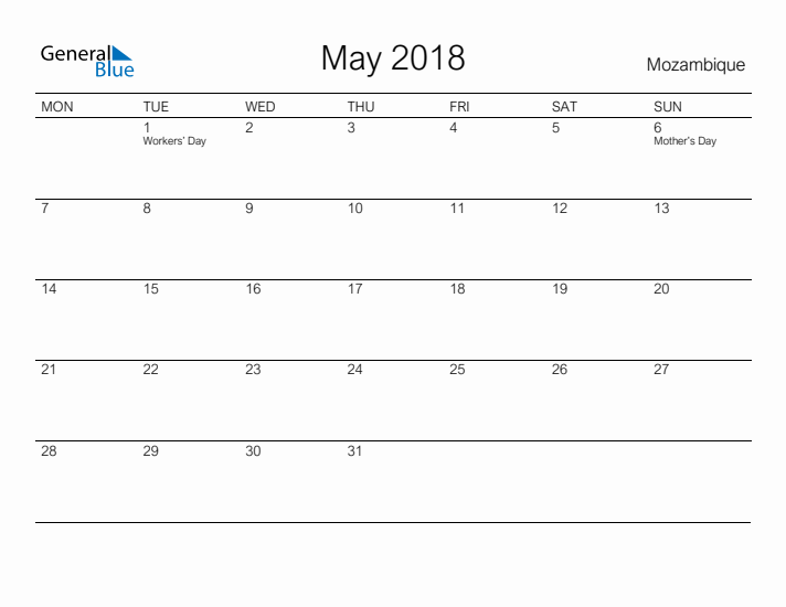 Printable May 2018 Calendar for Mozambique