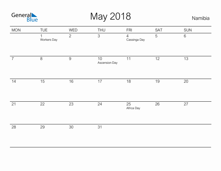 Printable May 2018 Calendar for Namibia