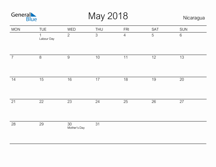 Printable May 2018 Calendar for Nicaragua