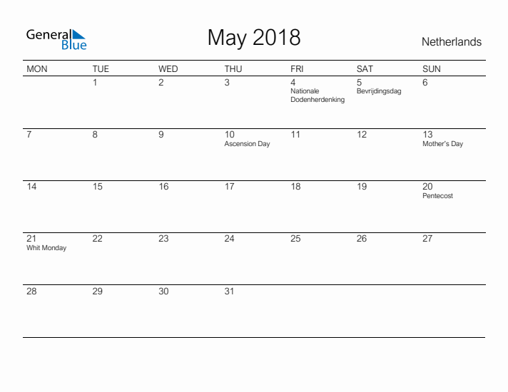 Printable May 2018 Calendar for The Netherlands