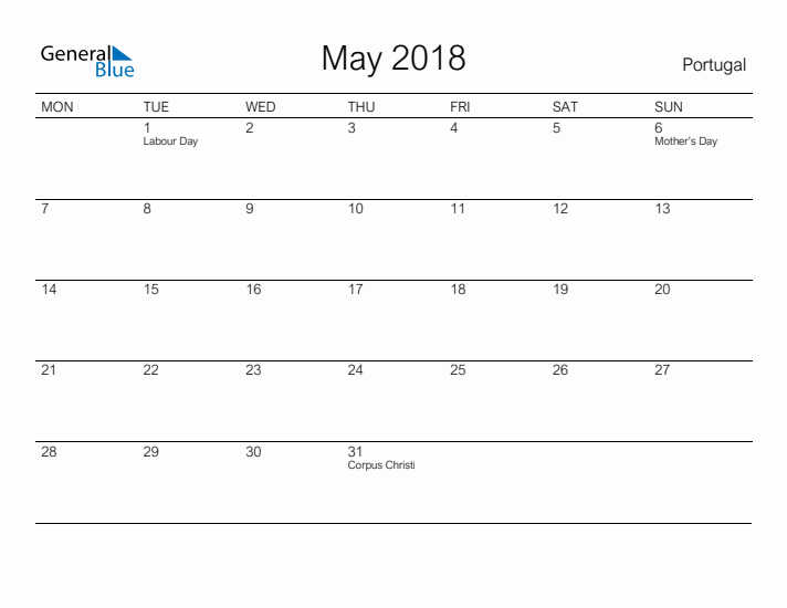 Printable May 2018 Calendar for Portugal