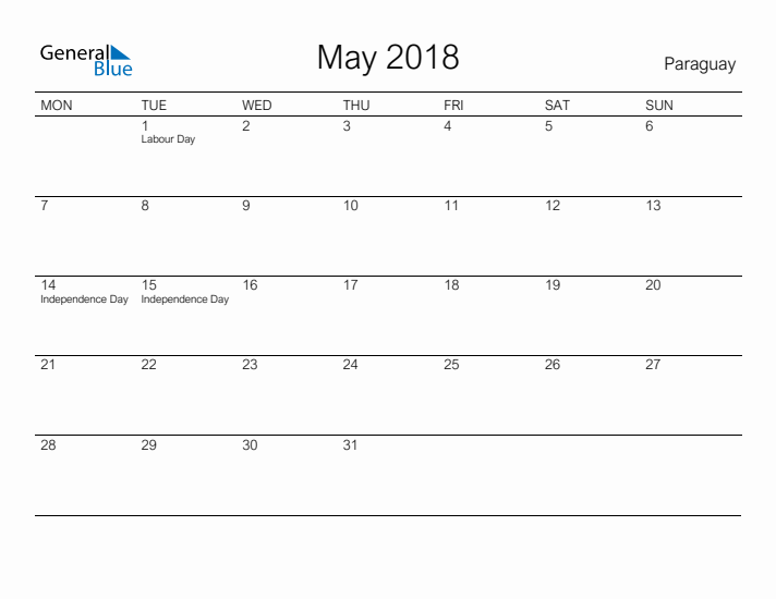 Printable May 2018 Calendar for Paraguay