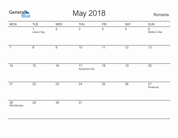 Printable May 2018 Calendar for Romania