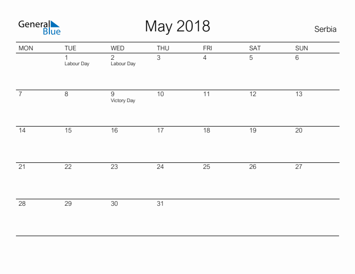 Printable May 2018 Calendar for Serbia