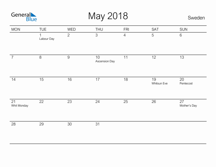 Printable May 2018 Calendar for Sweden